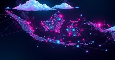 Indonezyjski archipelag, sieć danych, chmura obliczeniowa, batik cyfrowy. Ilustracja wzmocnienia AI przez Microsoft w Indonezji.