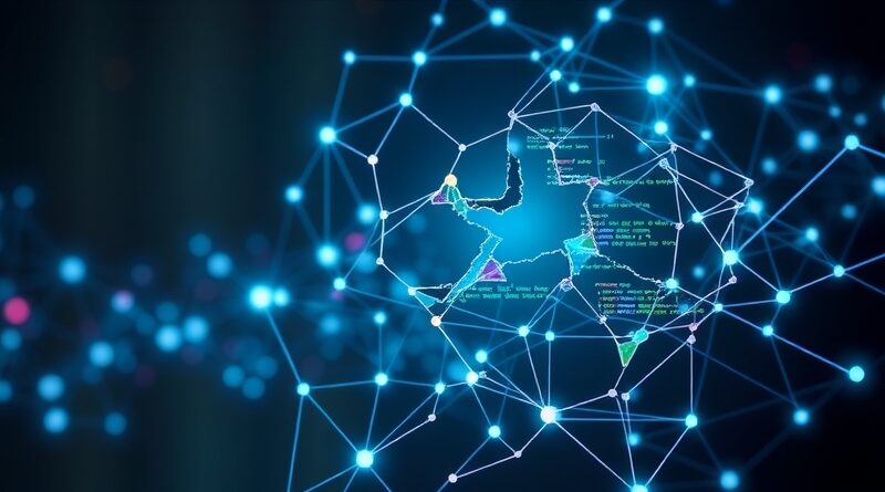 Abstrakcyjna grafika: Sieć neuronowa bada fragmenty kodu, debugowanie oprogramowania AI. Kolory: niebieski, zielony, fioletowy.