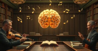 Surrealistyczna sala sądowa: świecący mózg AI oskarżony, nuty atakują kompozytorów, spór technologii i sztuki.