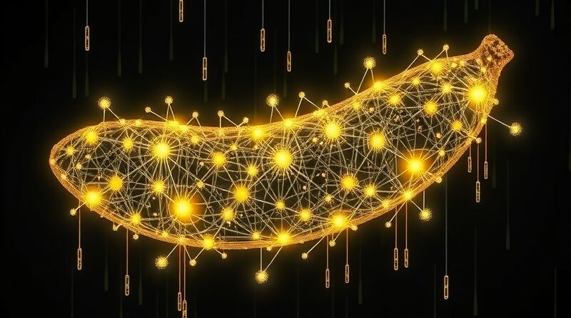 Abstrakcyjna wizualizacja samokorygującego algorytmu: świetlista sieć neuronowa w kształcie bananowej iluzji Escher'a.