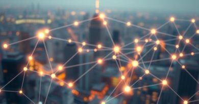 Abstrakcyjna sieć AI w tle z rozmytym miastem symbolizuje niewidzialną odporność operacyjną firm.