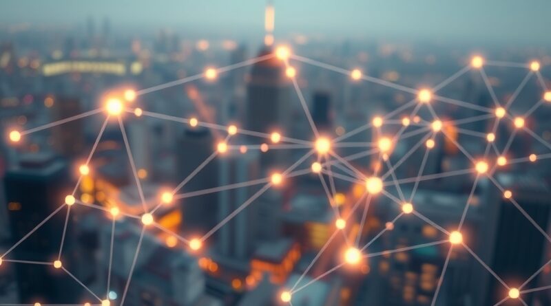 Abstrakcyjna sieć AI w tle z rozmytym miastem symbolizuje niewidzialną odporność operacyjną firm.