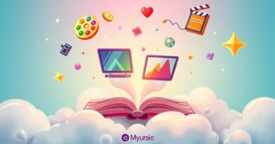 Magiczny notatnik na chmurze, z którego wyrastają animowane sekwencje wideo w różnych stylach.