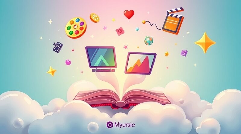 Magiczny notatnik na chmurze, z którego wyrastają animowane sekwencje wideo w różnych stylach.