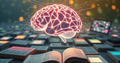 Świecący mózg z włókien optycznych nad książkami i ekranami, symbolizujący badania i przepływ informacji w NotebookLM.