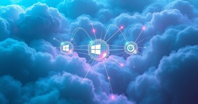 Abstrakcyjne, futurystyczne połączenie Microsoft, NVIDIA i Anthropic w chmurze innowacji i przepływu danych AI.