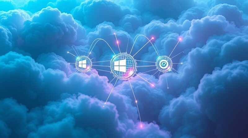 Abstrakcyjne, futurystyczne połączenie Microsoft, NVIDIA i Anthropic w chmurze innowacji i przepływu danych AI.