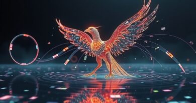 Cyfrowy feniks z kodu i pikseli, powstaje z lustrzanego odbicia fragmentów wideo, symbolizując generowanie wideo w Copilocie.