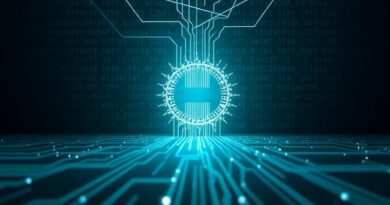 Abstrakcyjna wizualizacja przetwarzania danych przez AI: strumienie zbiegające się w świetlistym rdzeniu.