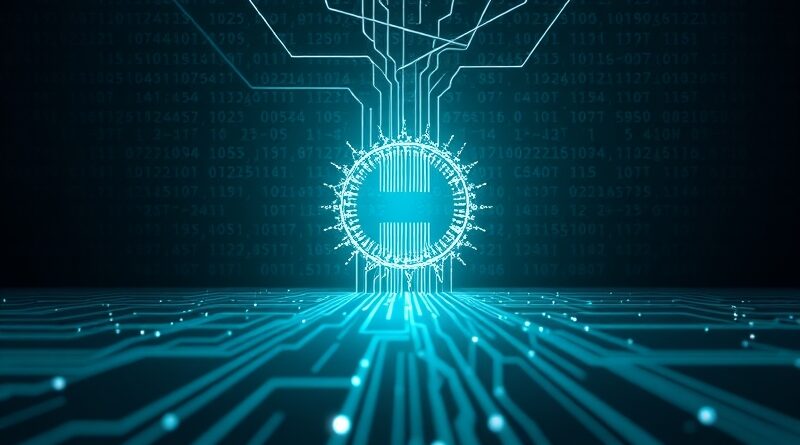 Abstrakcyjna wizualizacja przetwarzania danych przez AI: strumienie zbiegające się w świetlistym rdzeniu.