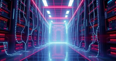 Futurystyczne centrum danych Nvidia, skąpane w neonie, z kodem binarnym symbolizującym dominację w AI.