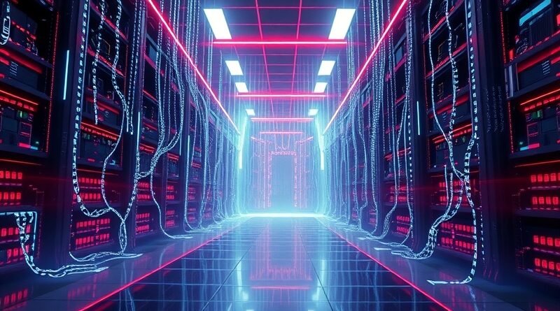 Futurystyczne centrum danych Nvidia, skąpane w neonie, z kodem binarnym symbolizującym dominację w AI.