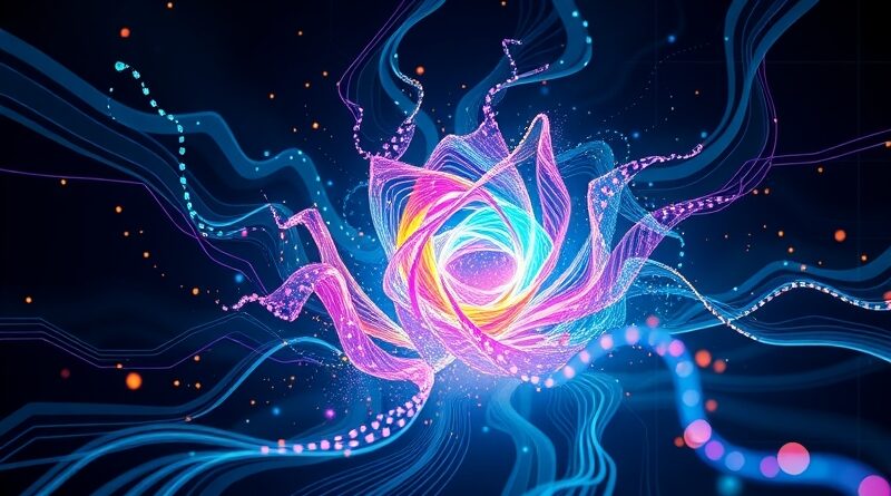 Wir danych łączy się w krystaliczną strukturę, symbolizującą hybrydową bazę danych SeekDB, integrującą różne typy danych dla AI.