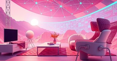 Cyfrowy krajobraz: meble płynnie przechodzą w odzież i elektronikę, połączone siecią neuronową. AI w e-commerce.