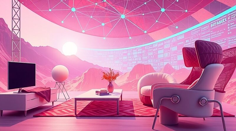 Cyfrowy krajobraz: meble płynnie przechodzą w odzież i elektronikę, połączone siecią neuronową. AI w e-commerce.