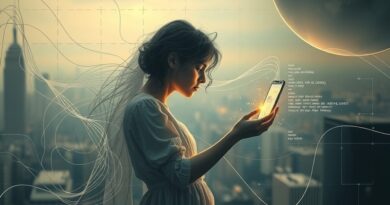 Eteryczna postać zanika w cyfrowym świecie, sięgając ku interfejsowi chatbota. Smutek i strata w świecie AI.