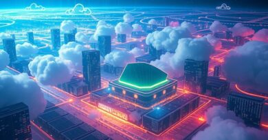 Abstrakcyjna wizja infrastruktury chmurowej AWS z kodem, AI i futurystycznymi miastami, napędzająca ChatGPT.