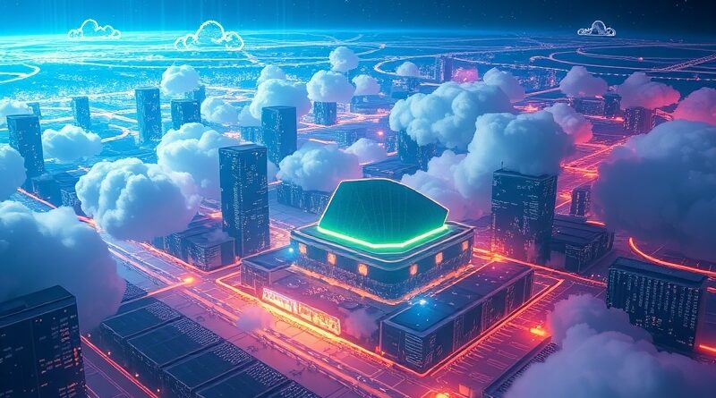 Abstrakcyjna wizja infrastruktury chmurowej AWS z kodem, AI i futurystycznymi miastami, napędzająca ChatGPT.