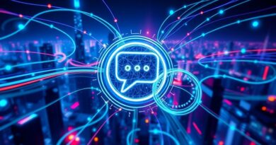 Abstrakcyjne, futurystyczne miasto połączeń i danych w ChatGPT; dominuje błękit, zieleń, fiolet.