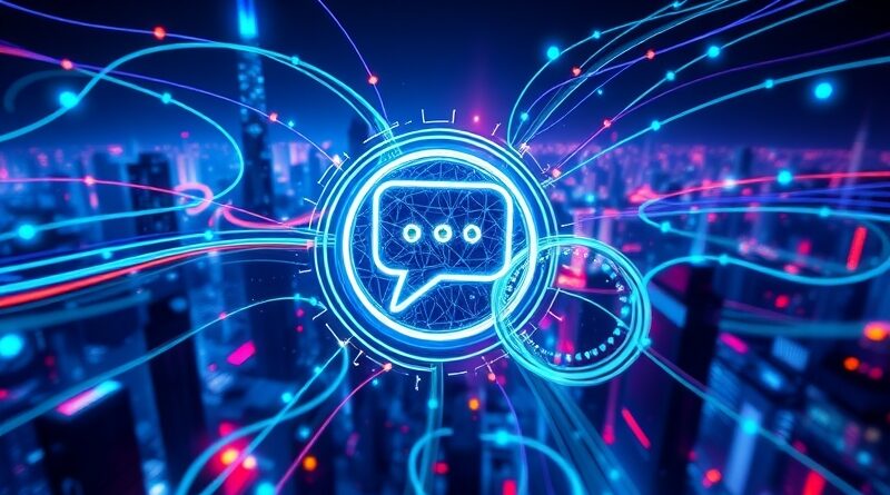 Abstrakcyjne, futurystyczne miasto połączeń i danych w ChatGPT; dominuje błękit, zieleń, fiolet.