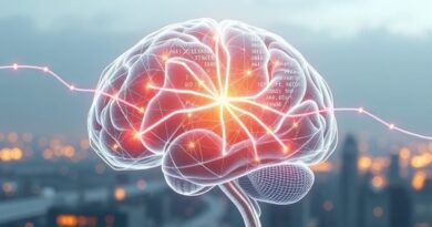 Cyfrowy mózg spleciony światłowodami, algorytmy, futurystyczny krajobraz miasta. Metafora GPT-5.1 i sztucznej inteligencji.