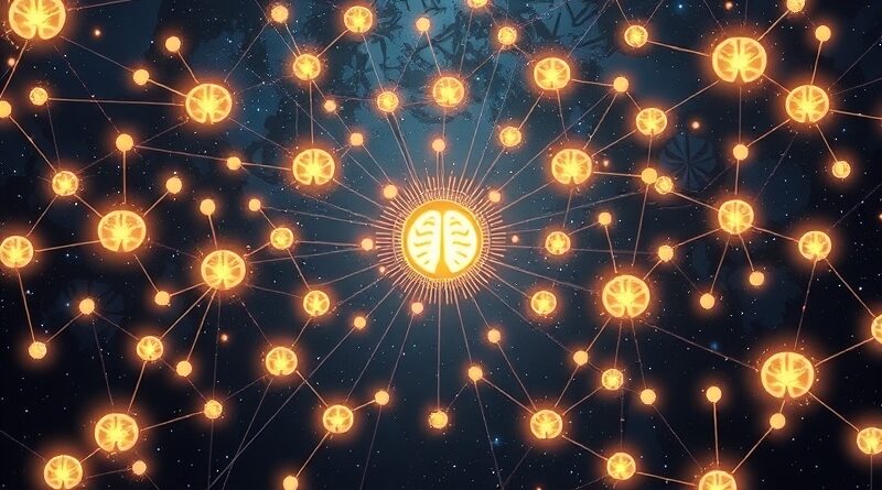 Świecące konstelacje umysłów łączą się z centralnym interfejsem ChatGPT, symbolizując grupową inteligencję i współpracę.