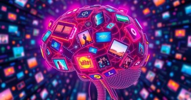 Stylizowany mózg w kształcie taśmy filmowej, wypełniony danymi i fragmentami wideo. AI rewolucjonizuje tworzenie treści.