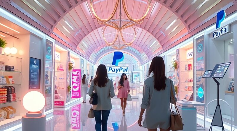 Futurystyczne targowisko AI w pastelowych barwach; asystenci AI prowadzą kupujących, płatności PayPal.