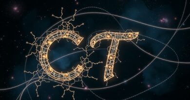 Eteryczna sieć neuronowa formująca literę "C" przechodzącą w greckie Phi, na tle kosmicznej mgławicy.