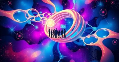 Futurystyczna nebula AI, symbole współpracy ludzi i modeli w czacie grupowym Poe.