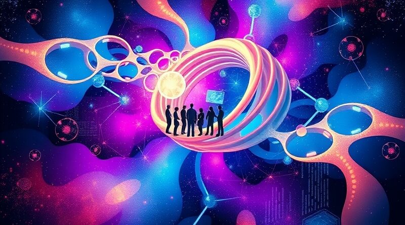 Futurystyczna nebula AI, symbole współpracy ludzi i modeli w czacie grupowym Poe.