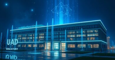 Politechnika Wrocławska w futurystycznym świetle z elementami AI, symbol Baltic AI GigaFactory.