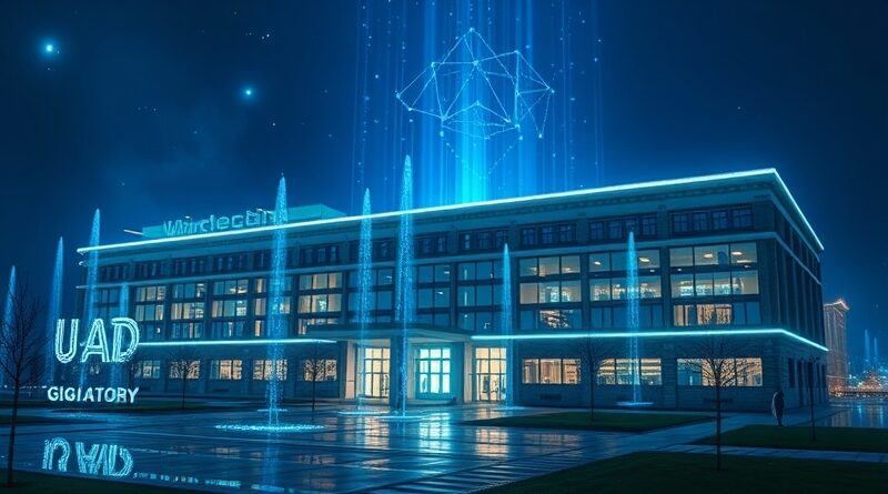 Politechnika Wrocławska w futurystycznym świetle z elementami AI, symbol Baltic AI GigaFactory.