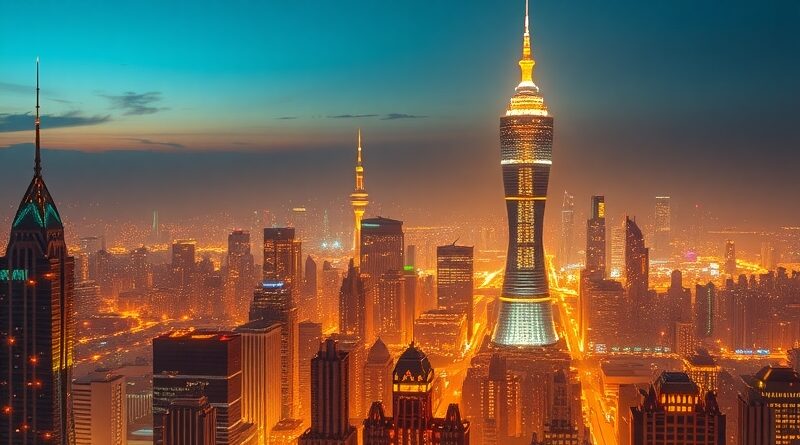 Futurystyczna panorama miasta AI startupów, symbolizująca zalew inwestycji w amerykańskim sektorze w 2025 roku.