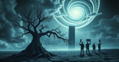 Metaliczna serwerownia w tle, usychające drzewo z kablami, protestujący pracownicy. AI kosztem demokracji i środowiska.