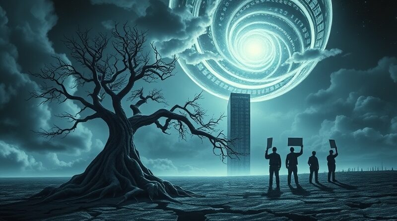 Metaliczna serwerownia w tle, usychające drzewo z kablami, protestujący pracownicy. AI kosztem demokracji i środowiska.