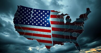 Rozfragmentowana flaga USA z obwodów drukowanych na tle burzy, symbol podziału w regulacji AI.