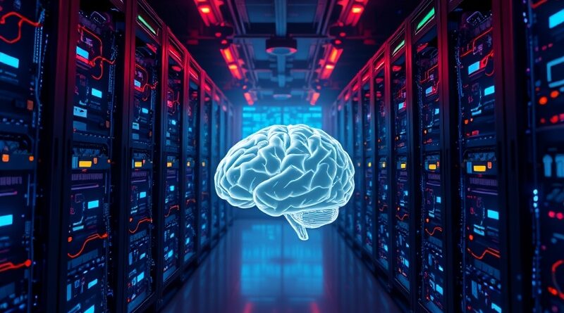 Futurystyczna serwerownia chłodzona cieczą, ukazuje chipy AI Qualcomm i sieć neuronową.