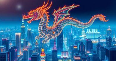 Futurystyczny, cyfrowy smok (Qwen) wznosi się nad neonowym Shanghaiem, symbolizując innowacje Alibaba AI.
