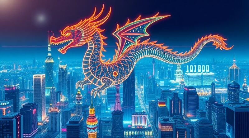 Futurystyczny, cyfrowy smok (Qwen) wznosi się nad neonowym Shanghaiem, symbolizując innowacje Alibaba AI.