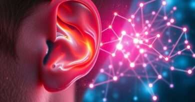 Przeźroczyste ucho płynnie przechodzi w sieć neuronów i mikroczipów na tle kosmicznej mgławicy.