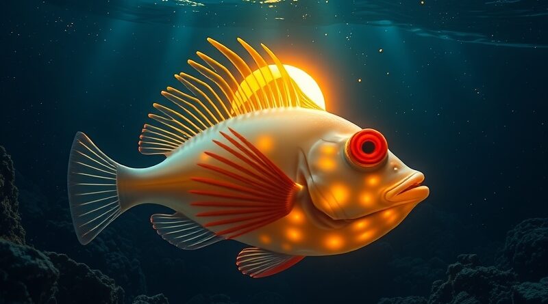 Fotorealistyczna żabnica głębinowa z bioluminescencją przypominającą wschód słońca nad górą Fudżi. Symbolika Sakana AI.