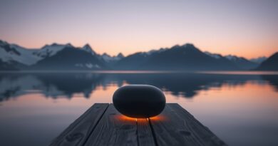 Spokojny alpejski pejzaż z obsydianem, symbolizujący wizję AI Altmana i Ive'a: spokój, intuicja, understated power.