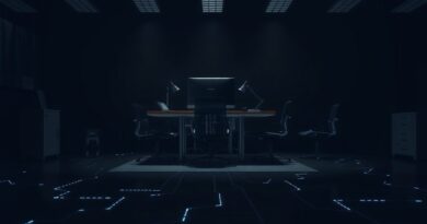 Mroczne figury kodu wyłaniające się spod biurka symbolizują Shadow AI i wyciek danych.