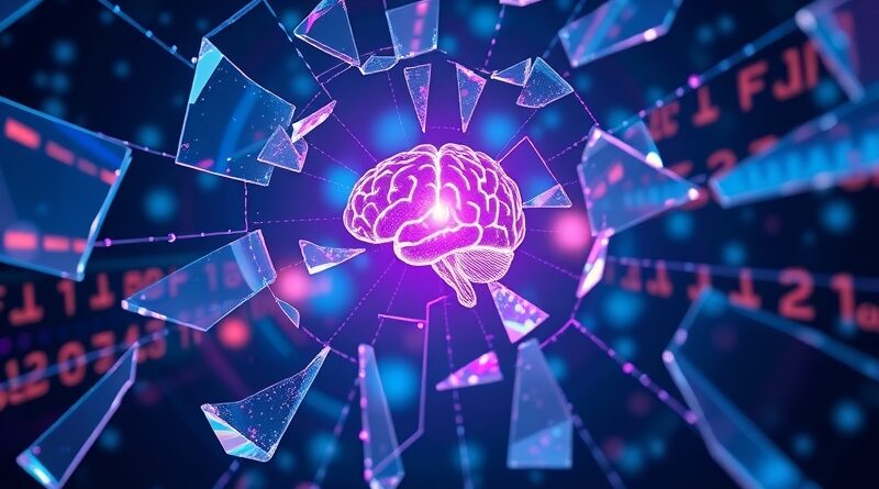 Potłuczone szkło – silosy danych – zbiegają się w kierunku świetlistego mózgu AI. Integracja danych.