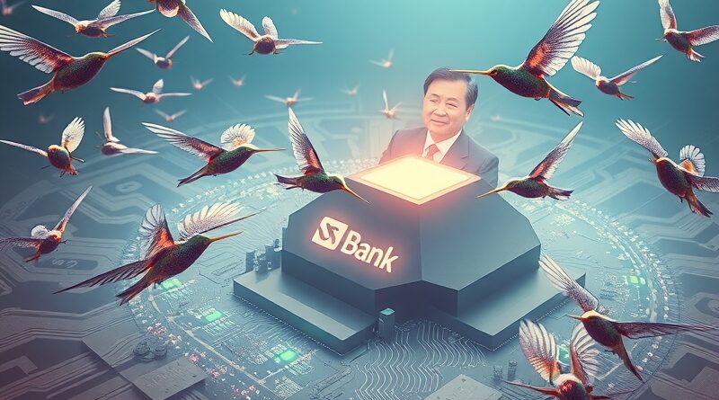 Abstrakcyjna wizja AI: Drony wokół płyty głównej z logo SoftBanku, cień Masayoshiego Sona.