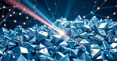 Abstrakcja: AI sortuje aluminium. Strumień metalu, lasery, dane. Innowacyjny recykling przyszłości.