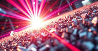 Fragmenty aluminium w laserowym świetle, analizowane przez AI w procesie futurystycznego recyklingu.