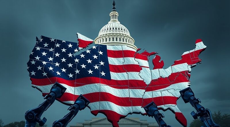 Połamana flaga USA składana przez robotyczne ramiona pod kopułą Kapitolu, symbolizująca walkę o ujednolicenie regulacji AI.