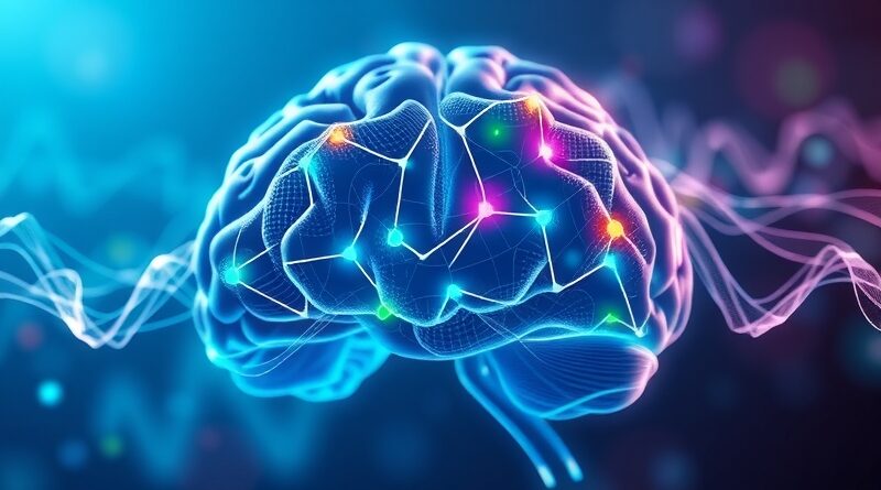 Abstrakcyjna struktura mózgu z fal dźwiękowych, symbolizująca rozumowanie AI z dźwięku, w barwach niebiesko-zielono-fioletowych.